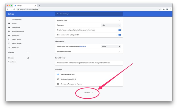 chrome settings advanced options