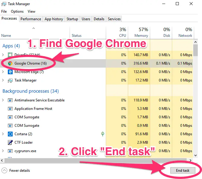 Screenshot showing how to find Google Chrome browser in the task manager and end the task