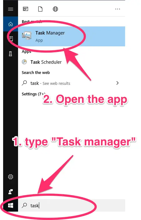 Screenshot showing easy way to open a task manager by simply typing the "task manager" phrase into the search bar