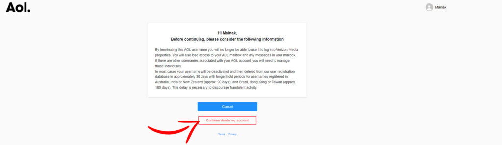 AOL Continue delete my account