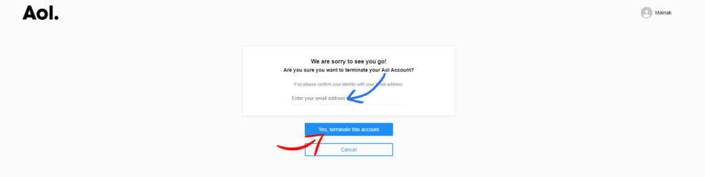 AOL Email Yes, Terminate my account