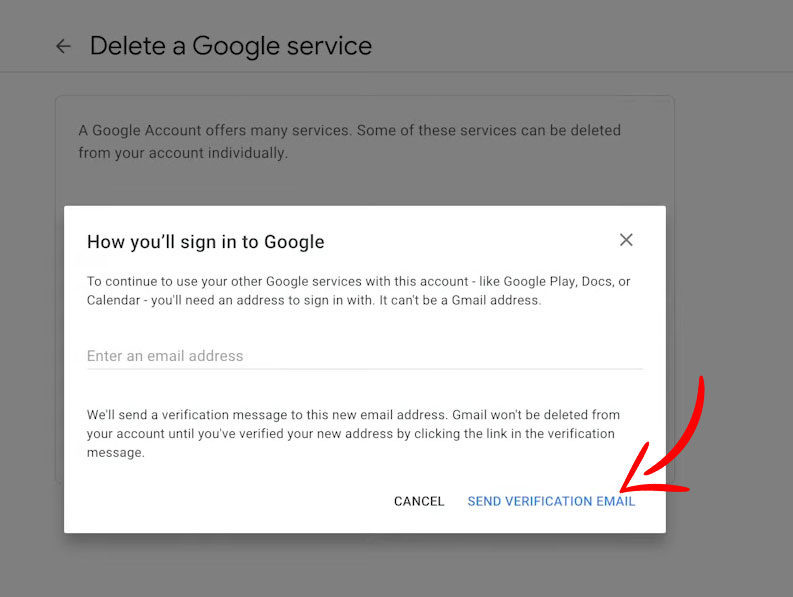 Google Account Delete send verification Email