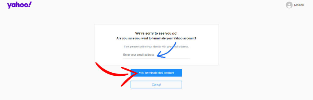 Yahoo Email Yes, Terminate my account
