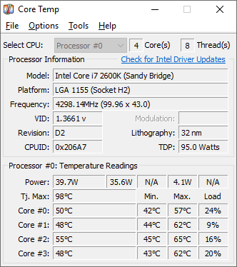 screenshot of Core Temp software that helps monitor GPU temperature
