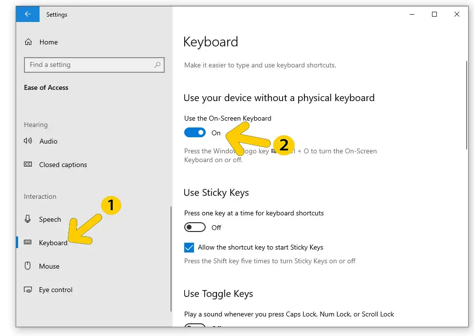 enable on-screen keyboard in windows