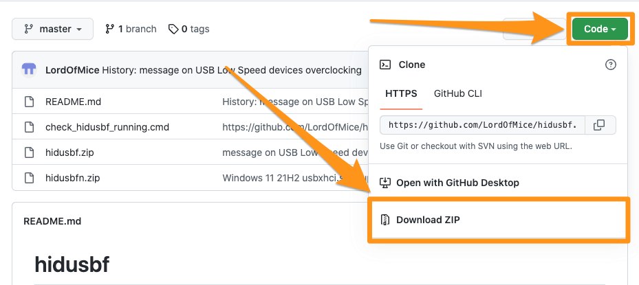 github repository screenshot showing how to download hidusbf app for changing USB device's polling rate