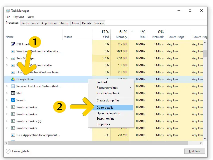 Windows process task details