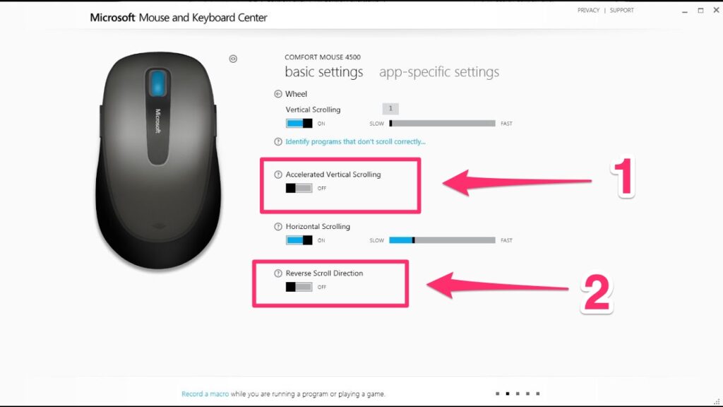 The screenshot shows how to access 'accellerated vertical scrolling' and 'reverse scroll direction' on windows 10 and 11