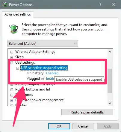 USB selective suspend screenshot on windows 10