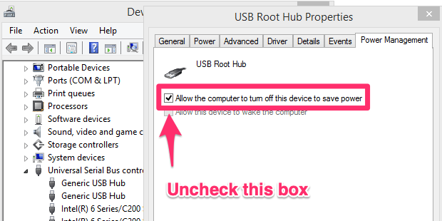 USB Root Hub Properties where we need to uncheck the 'allow the computer to turn off this device to save power' option